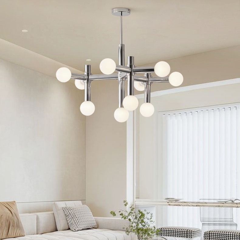 Mid-Century Modern Silver Iron 10-Light Glass Ball Chandelier for Living Room