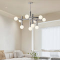 Mid-Century Modern Silver Iron 10-Light Glass Ball Chandelier for Living Room