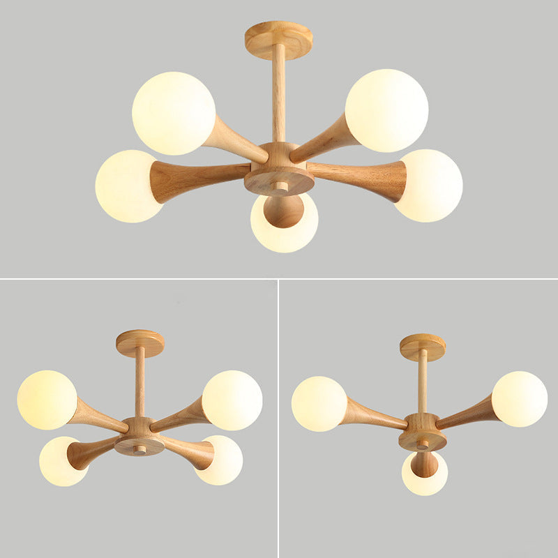 Rustic Japanese Wood Frame Glass Chandelier Light Fixture for Living Room