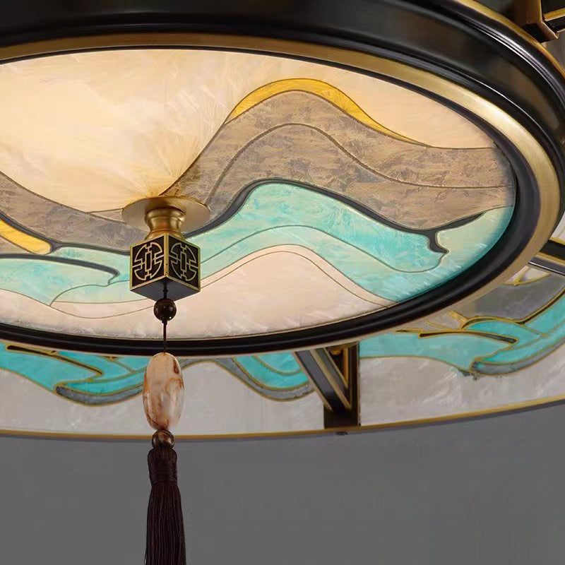 Traditional Brass Frame Enamel Glass Cylinder Chandelier for Living Room
