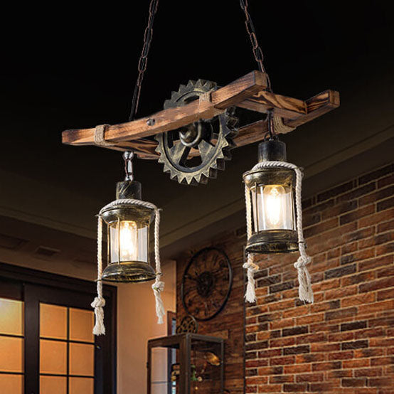 Rustic Industrial 2-Light Wooden and Metal Chandelier for Kitchen Island