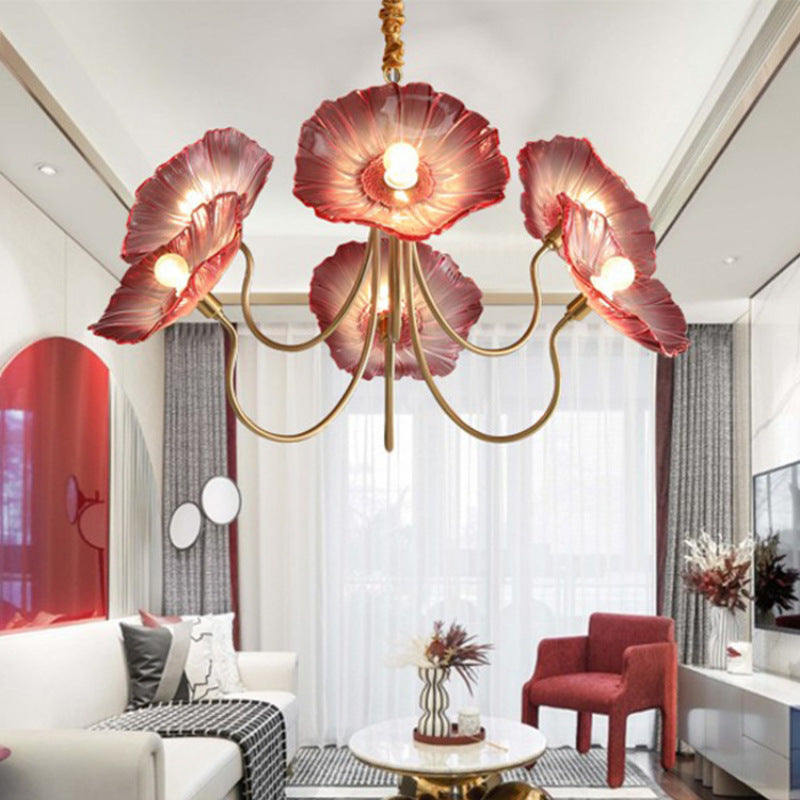 Vintage Gold Finished 6-Light Flower Glass Shade Chandelier for Bedroom