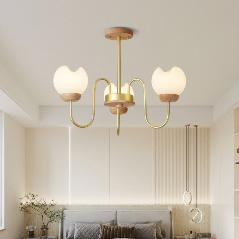 Modern Floral Metal and Rubberwood Chandelier Light for Living Room