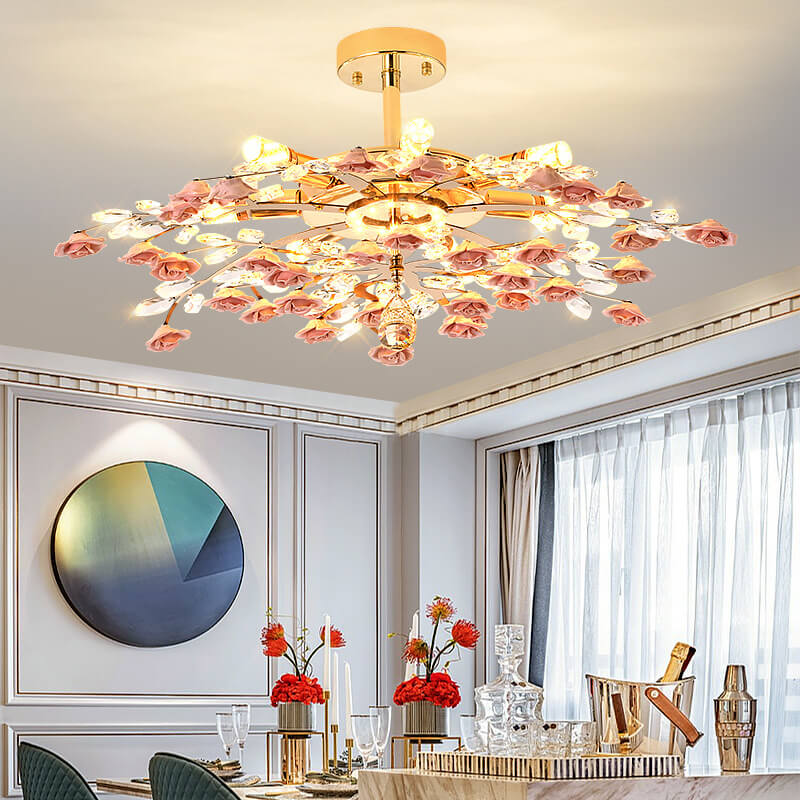 Elegant Rose Gold Iron Ceramic Crystal Chandelier for Dining Room