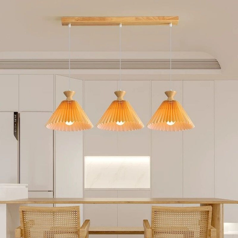Traditional Japanese Pleated Cone Rubberwood Chandelier for Living Room