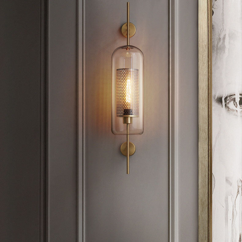 Industrial Iron Frame Wall Sconce with Cylinder Glass Shade for Bedroom
