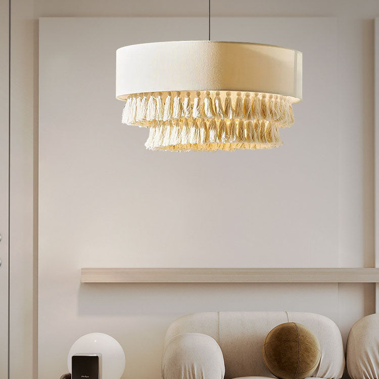 Bohemian Fabric Cylinder Tassel Chandelier Light for Living Room Decor