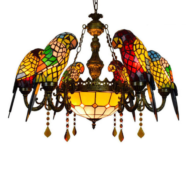 Vibrant Tiffany Stained Glass Parrot 8-Light Chandelier for Living Room