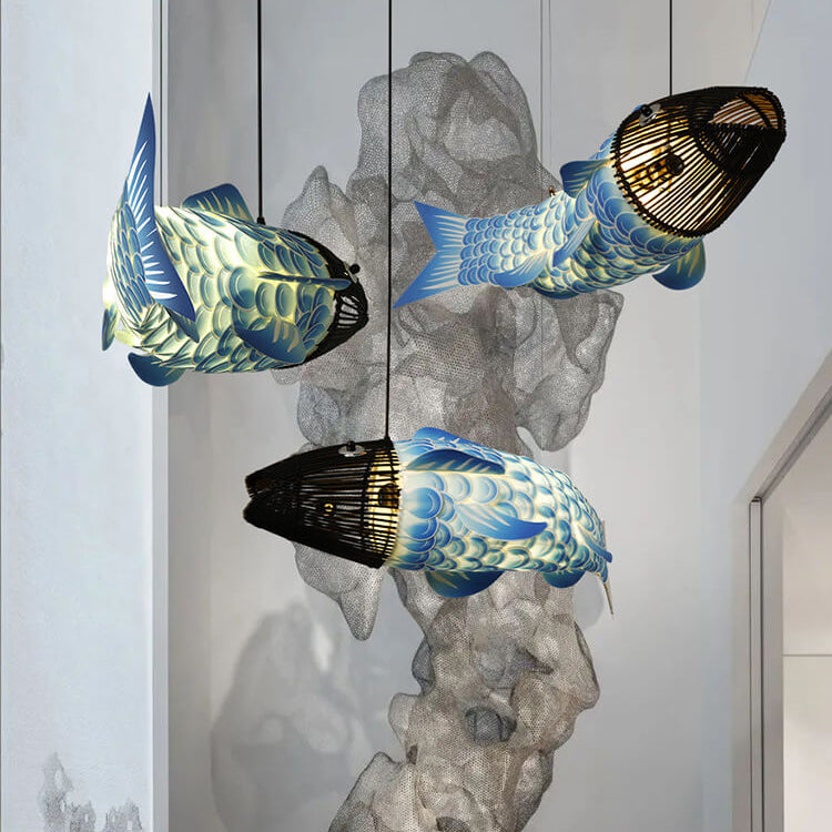 Elegant Chinese Koi Fish Iron and PVC Chandelier for Dining Room 2/4 Lights