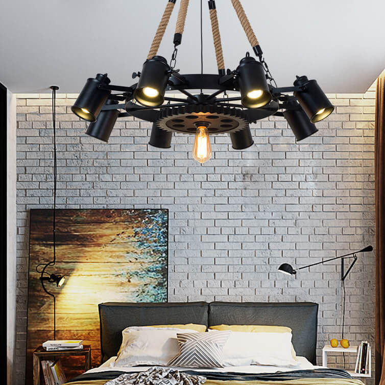 Industrial Retro Wrought Iron Hemp Rope Chandelier for Living Room