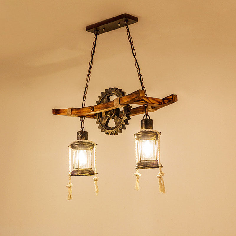 Rustic Industrial 2-Light Wooden and Metal Chandelier for Kitchen Island
