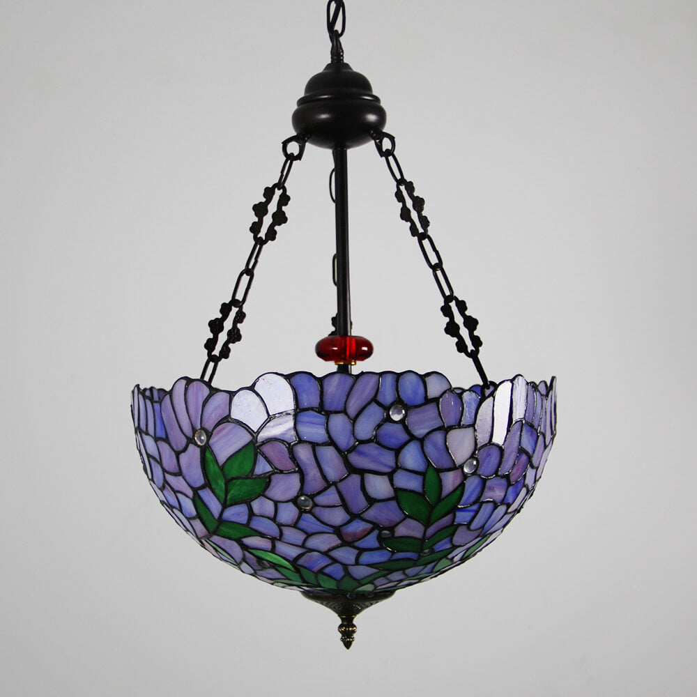Vintage Tiffany Violet Stained Glass Round 3-Light Chandelier for Dining Room