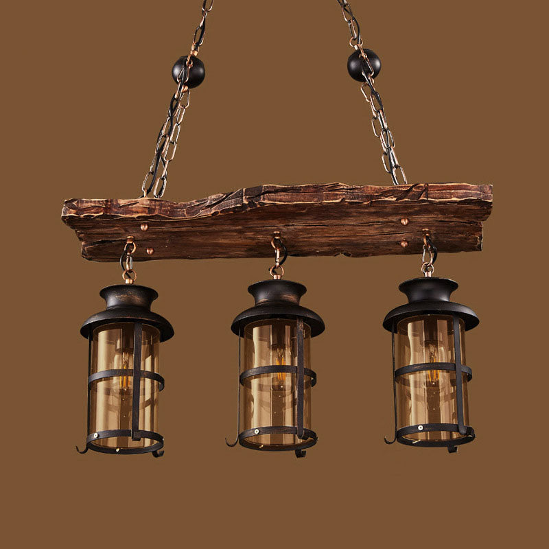 Rustic Wooden Strip Iron 3-Light Chandelier for Farmhouse Dining Room