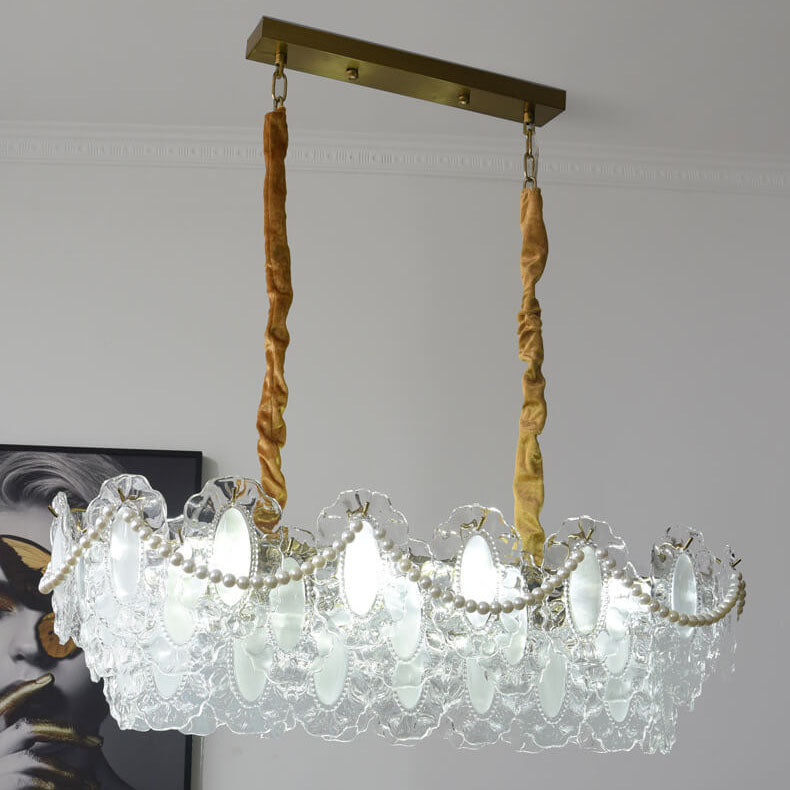 Elegant French Rectangular Pearl Iron Glass 8-Light Chandelier for Living Room