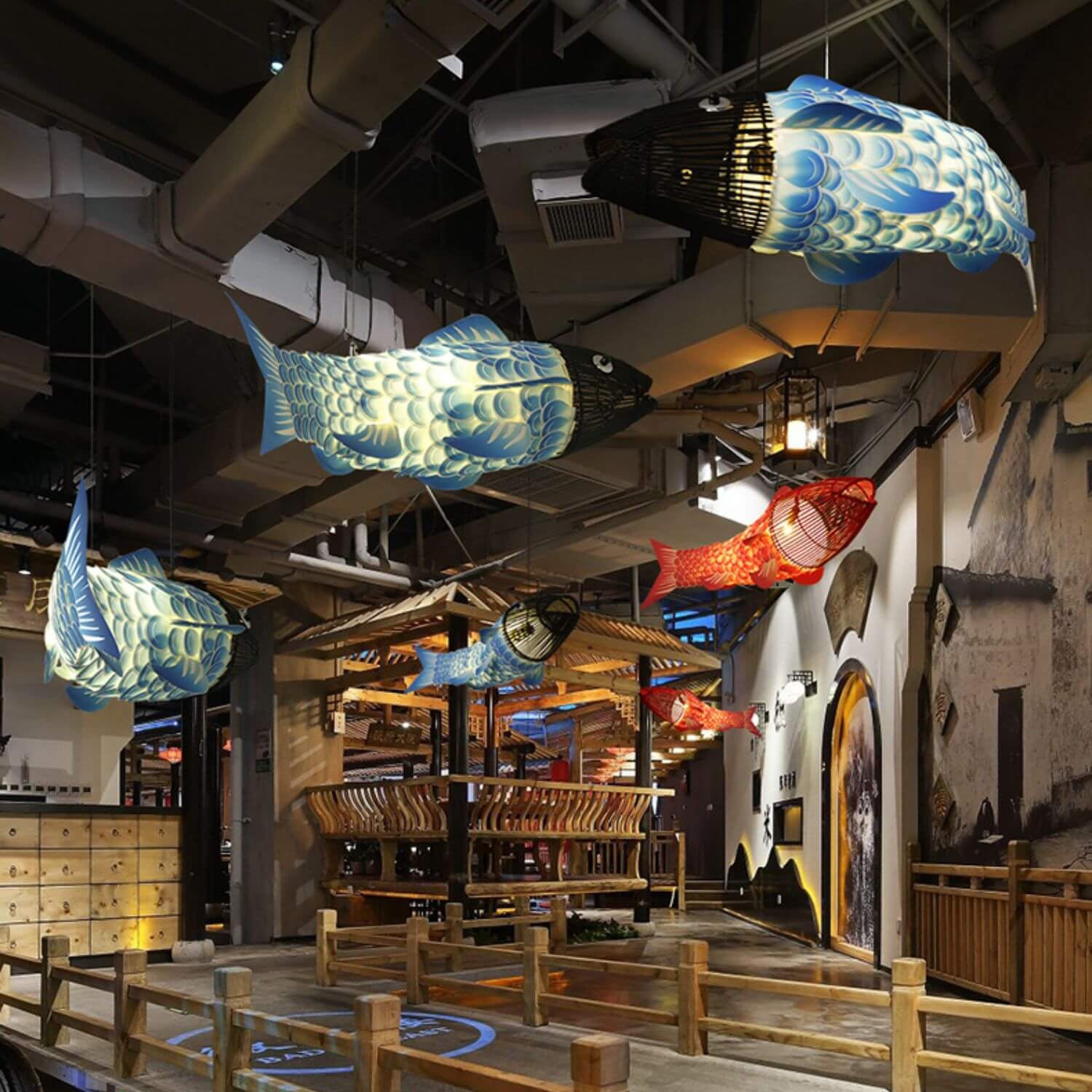 Elegant Chinese Koi Fish Iron and PVC Chandelier for Dining Room 2/4 Lights