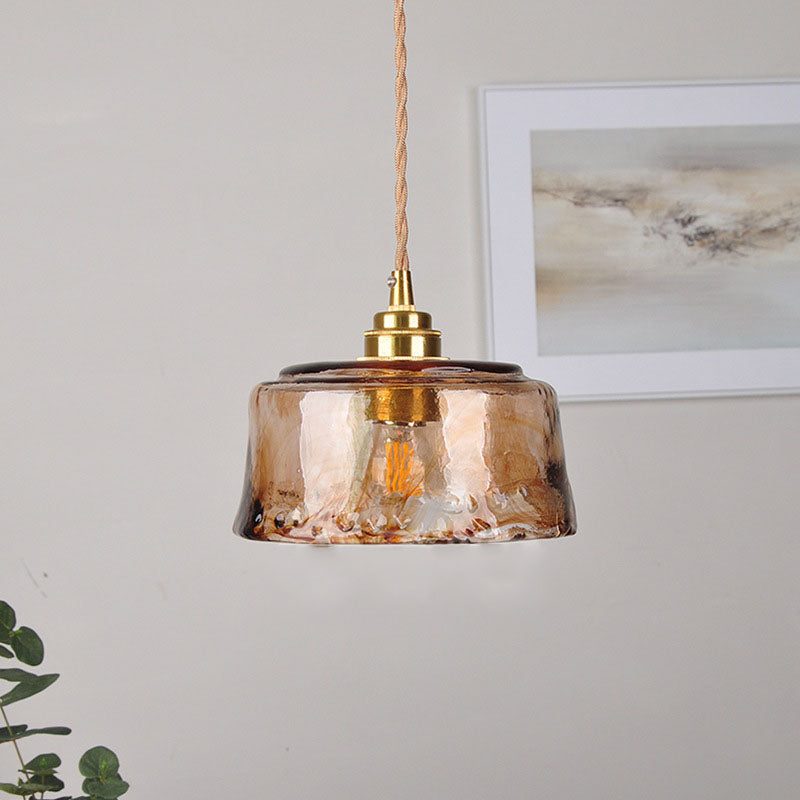 Vintage Amber Glass Drum Pendant Light with Brass for Living Room