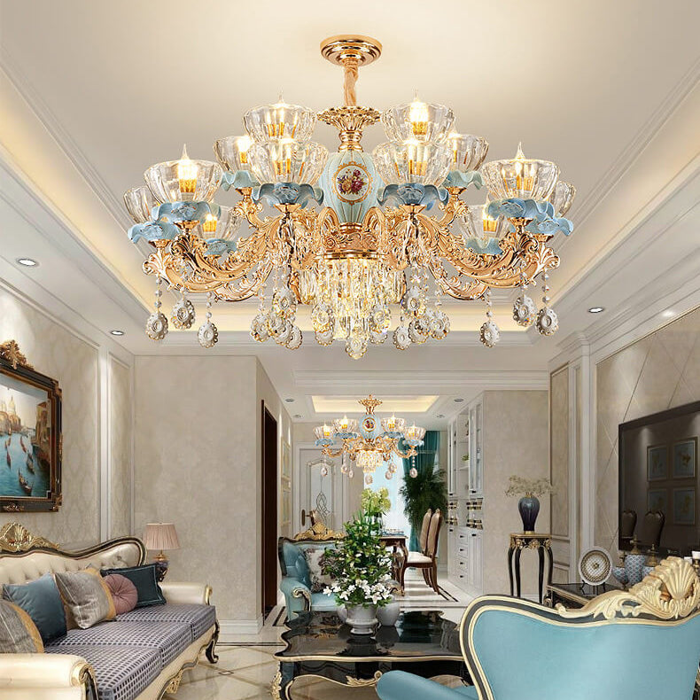 Elegant European Floral Crystal Chandelier in Zinc Alloy for Living Room