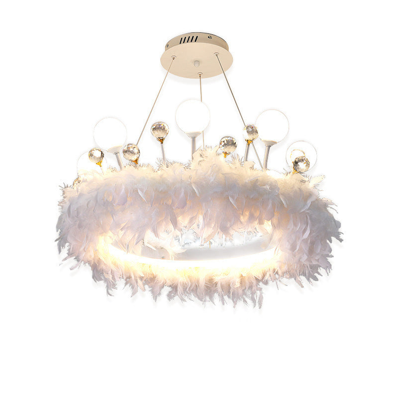 Modern White Acrylic Crown LED Chandelier with Feather Decor for Living Room