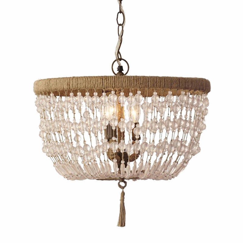 Rustic Round Hemp Rope Crystal 3-Light Chandelier for Living Room Décor