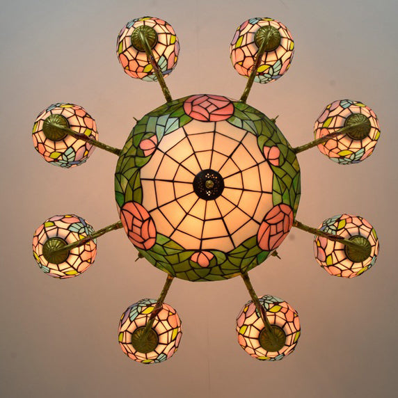 Vintage Tiffany-Style Floral Dome Iron Glass Chandelier for Living Room
