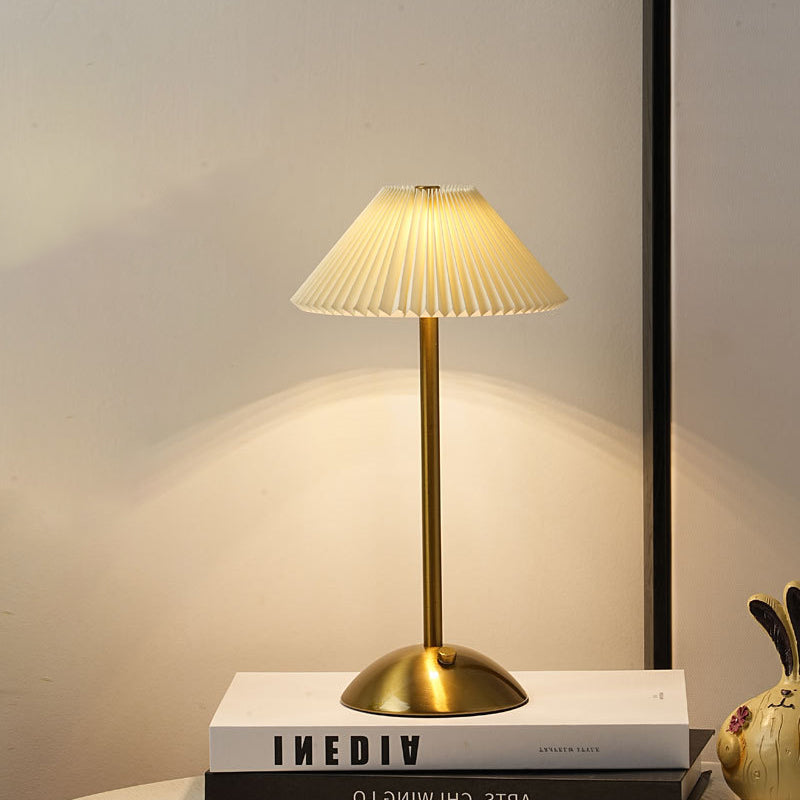 Modern Scandinavian Rechargeable Conic Pleated Fabric Table Lamp for Bedroom