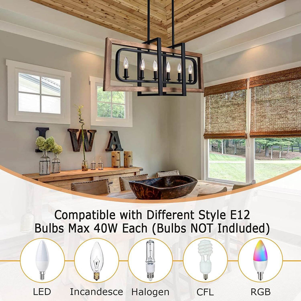 Rustic Vintage Wood and Iron 4/6 Light Rectangular Island Chandelier