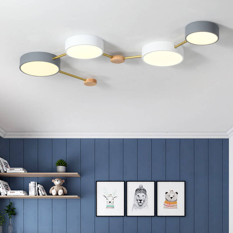 Scandinavian Minimalist Oak Wood and Iron LED Flush Mount Light Fixture