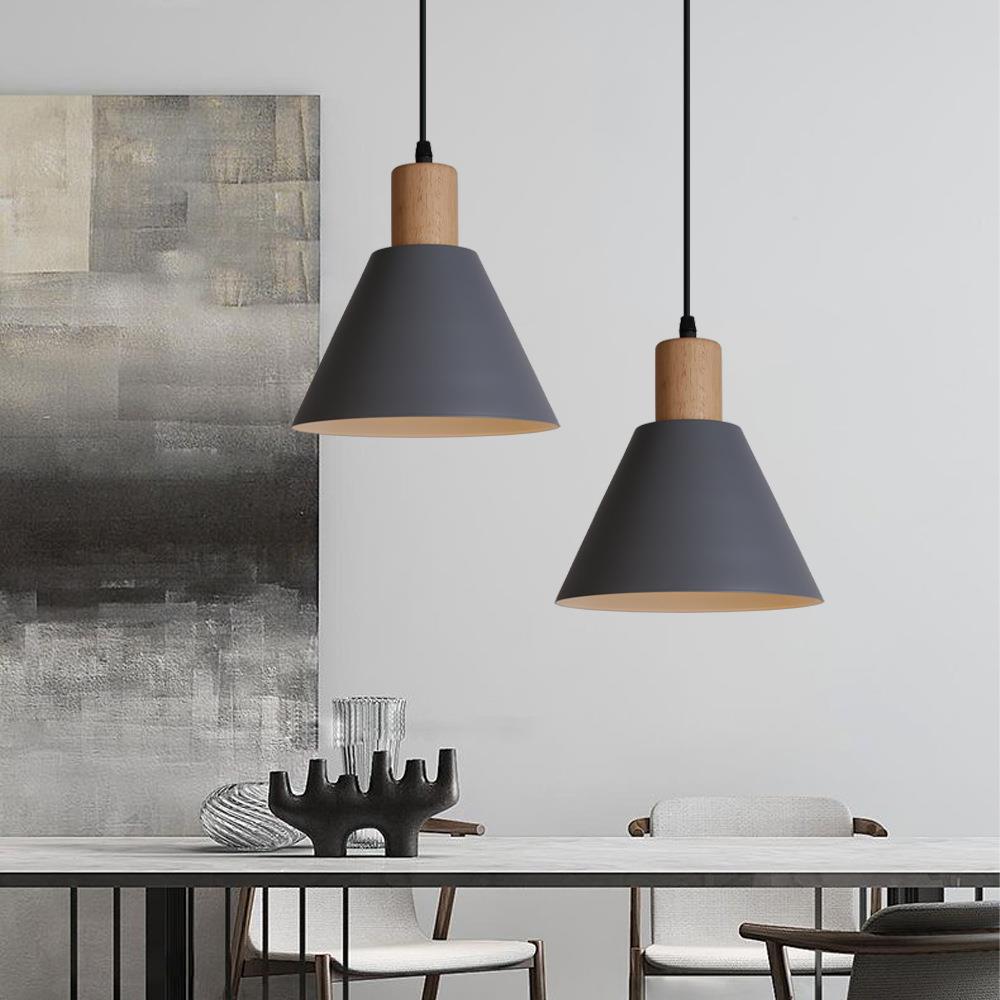Vintage Iron and Wood Round Cone Pendant Light for Living Room Decor