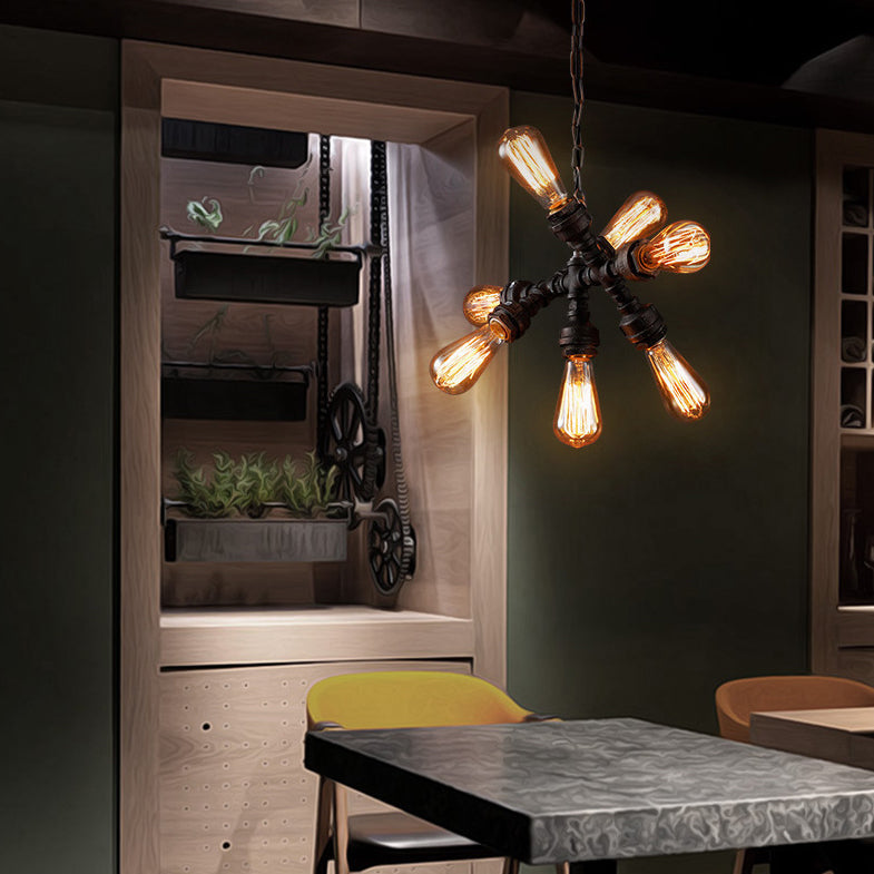 Rustic Industrial Black Iron 7-Light Water Pipe Chandelier for Loft Dining