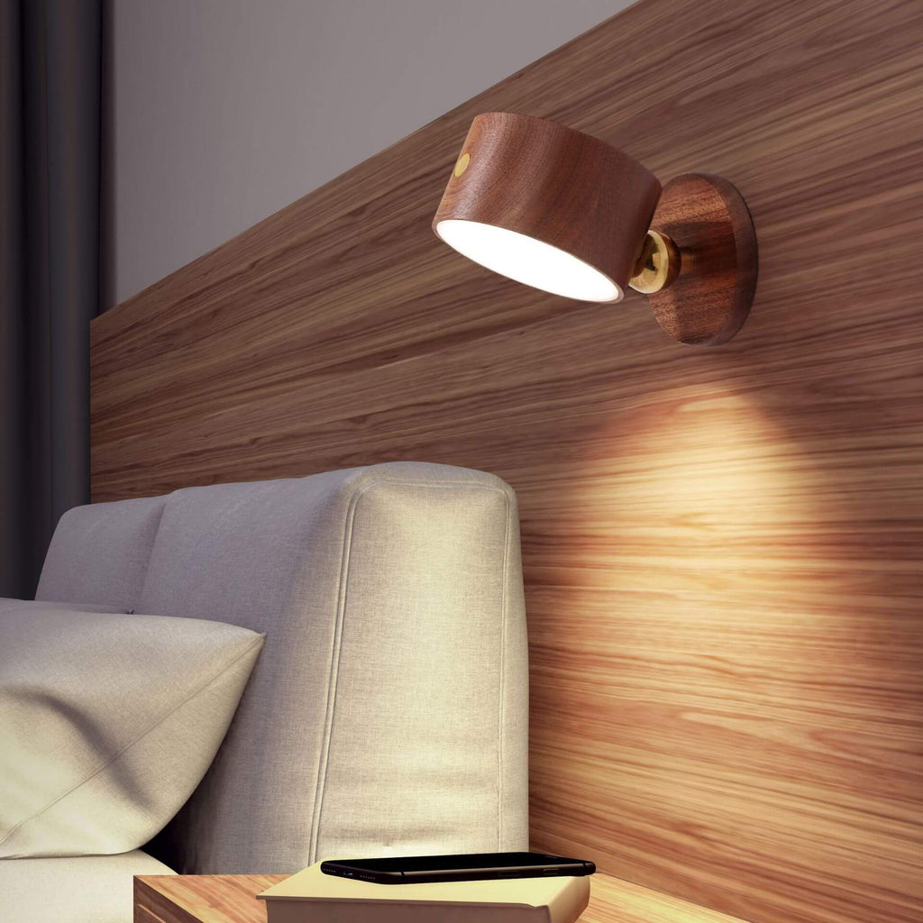 Rustic Wooden LED Wall Sconce with Rechargeable Touch Control for Bedrooms