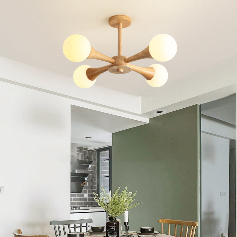 Rustic Japanese Wood Frame Glass Chandelier Light Fixture for Living Room