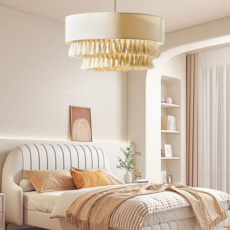 Bohemian Fabric Cylinder Tassel Chandelier Light for Living Room Decor