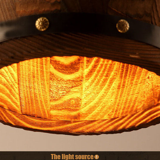 Rustic Round Iron & Wood Wine Barrel 1-Light Pendant for Dining Room