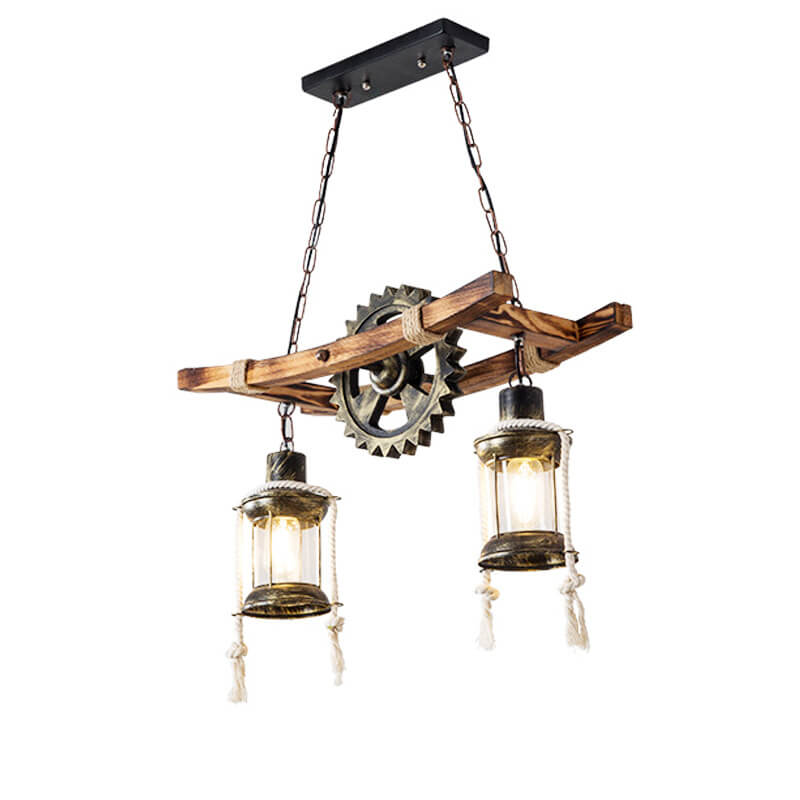 Rustic Industrial 2-Light Wooden and Metal Chandelier for Kitchen Island