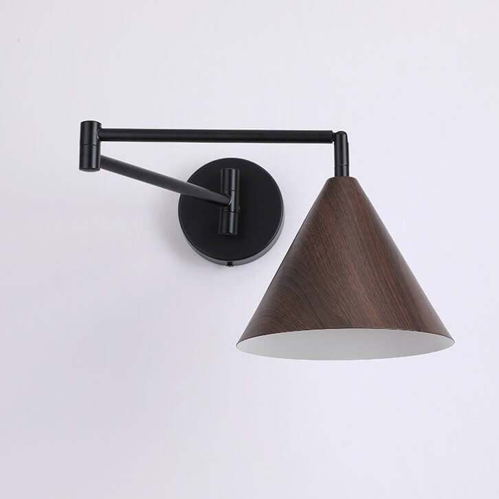 Modern Wood Grain Iron Cone Swing Arm Wall Sconce for Bedroom Decor