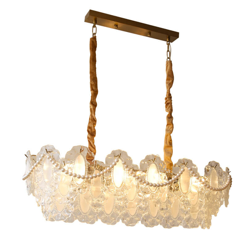 Elegant French Rectangular Pearl Iron Glass 8-Light Chandelier for Living Room