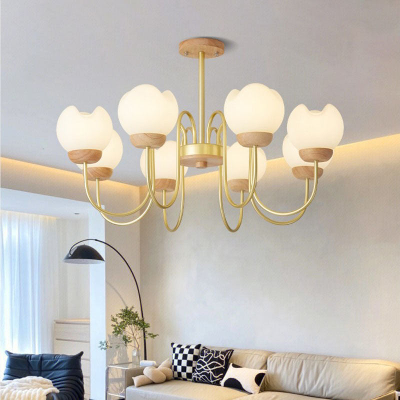Modern Floral Metal and Rubberwood Chandelier Light for Living Room