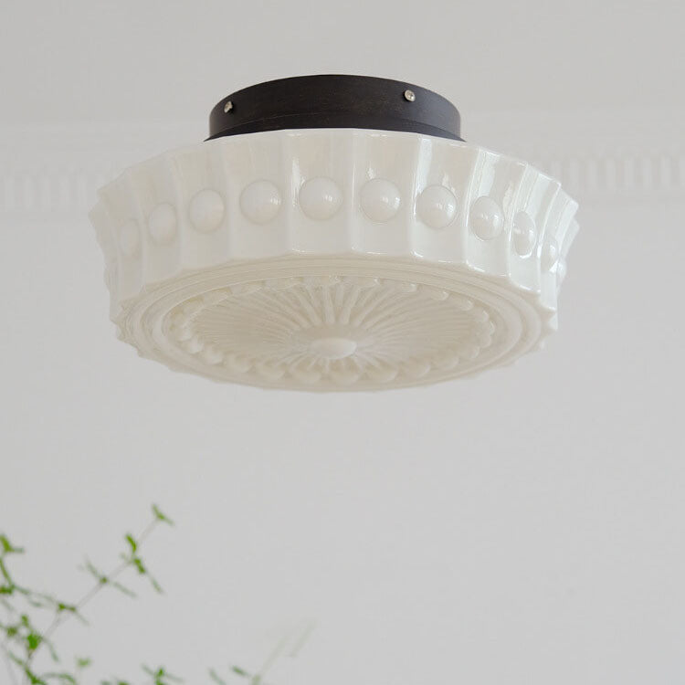 Elegant Black Iron Glass Striped Drum LED Ceiling Light for Living Room