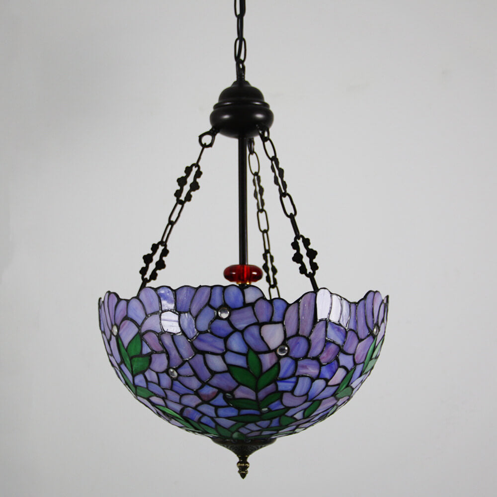 Vintage Tiffany Violet Stained Glass Round 3-Light Chandelier for Dining Room