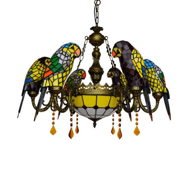 Vibrant Tiffany Stained Glass Parrot 8-Light Chandelier for Living Room