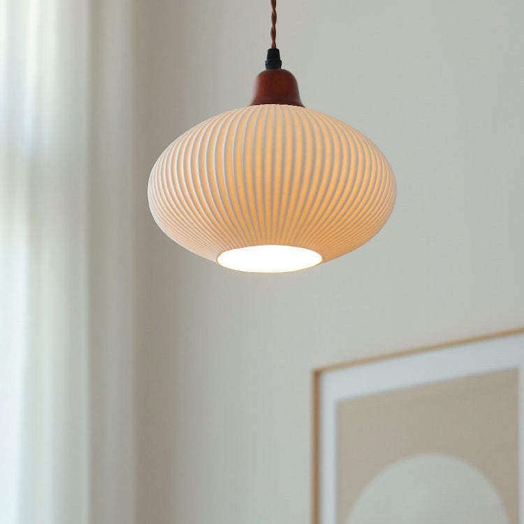 Japanese Ceramic Pleated Dome Pendant Light in Wood & Iron for Home