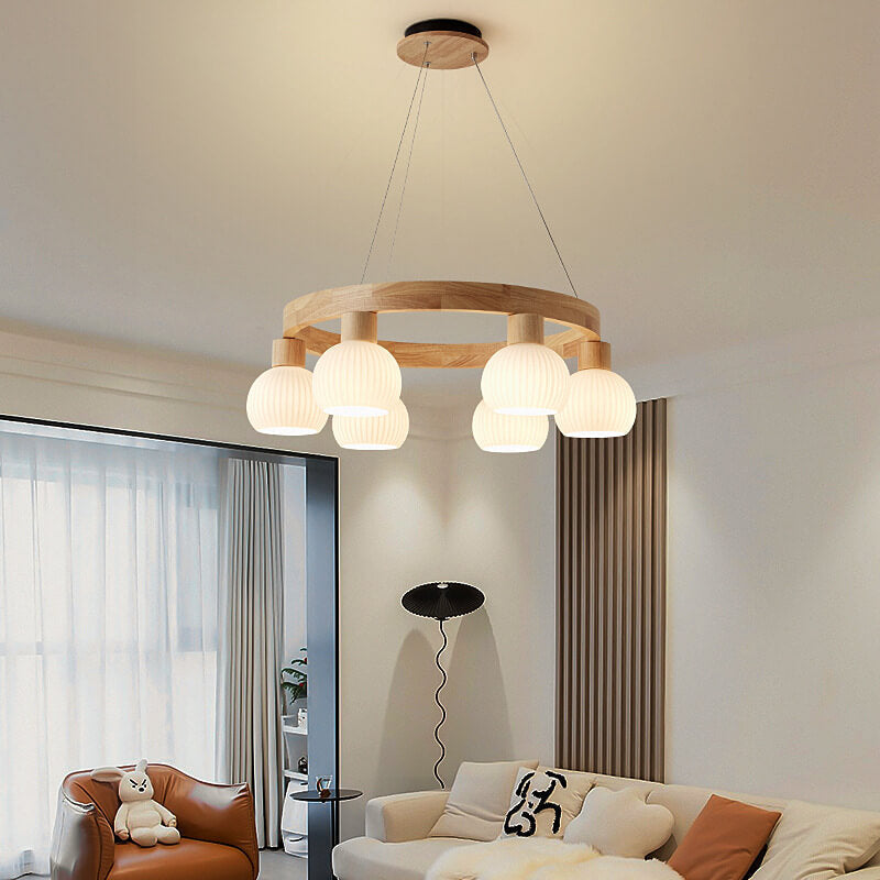 Rustic Japanese Style Textured Glass Globe Chandelier for Living Room