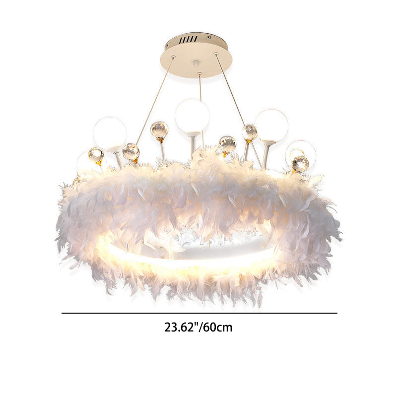Modern White Acrylic Crown LED Chandelier with Feather Decor for Living Room