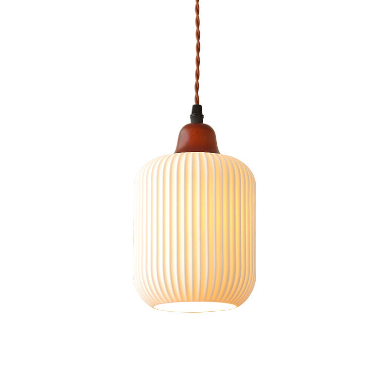 Japanese Ceramic Pleated Dome Pendant Light in Wood & Iron for Home