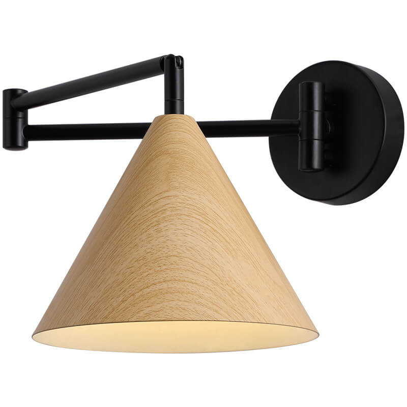 Modern Wood Grain Iron Cone Swing Arm Wall Sconce for Bedroom Decor