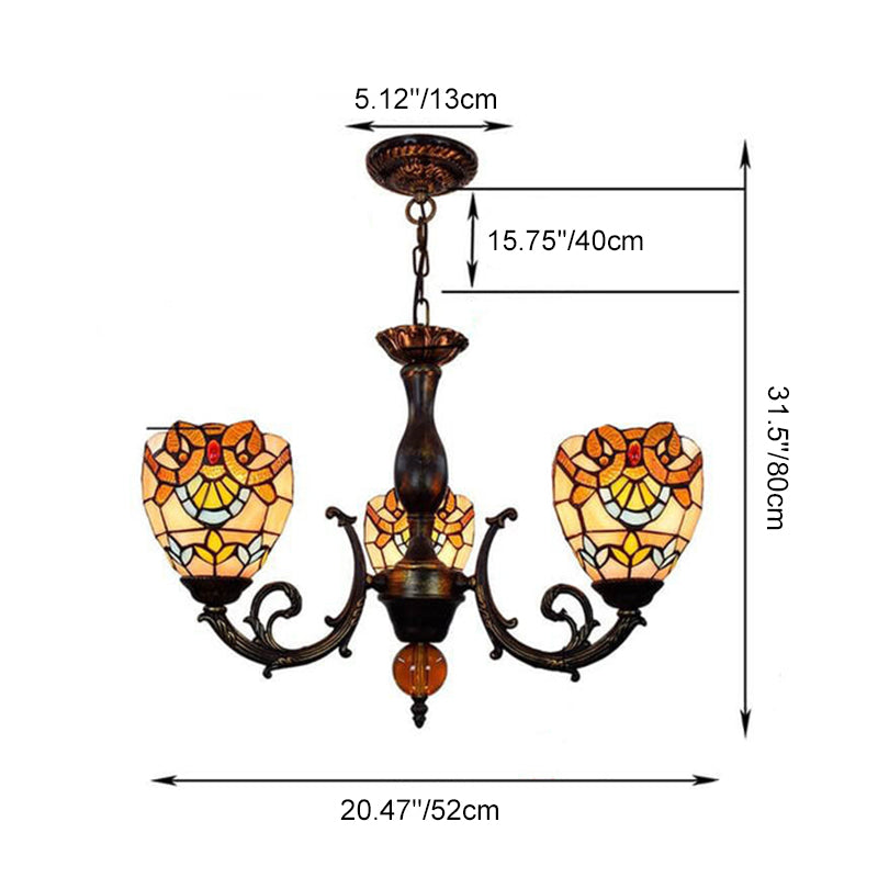 Traditional Tiffany Baroque Bell Alloy Glass 3-Light Chandelier For Living Room