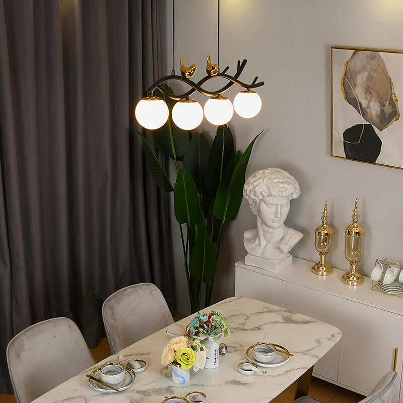 Elegant White Nordic Bird 4-Light Chandelier for Dining Room & Living Room