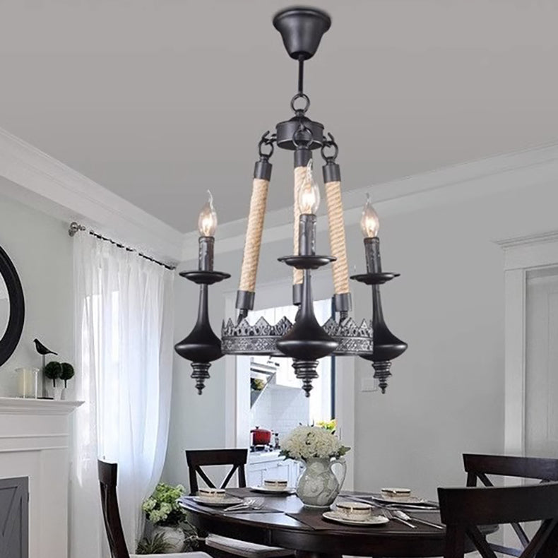 Rustic Iron and Hemp Rope Round Candelabra Chandelier for Living Room
