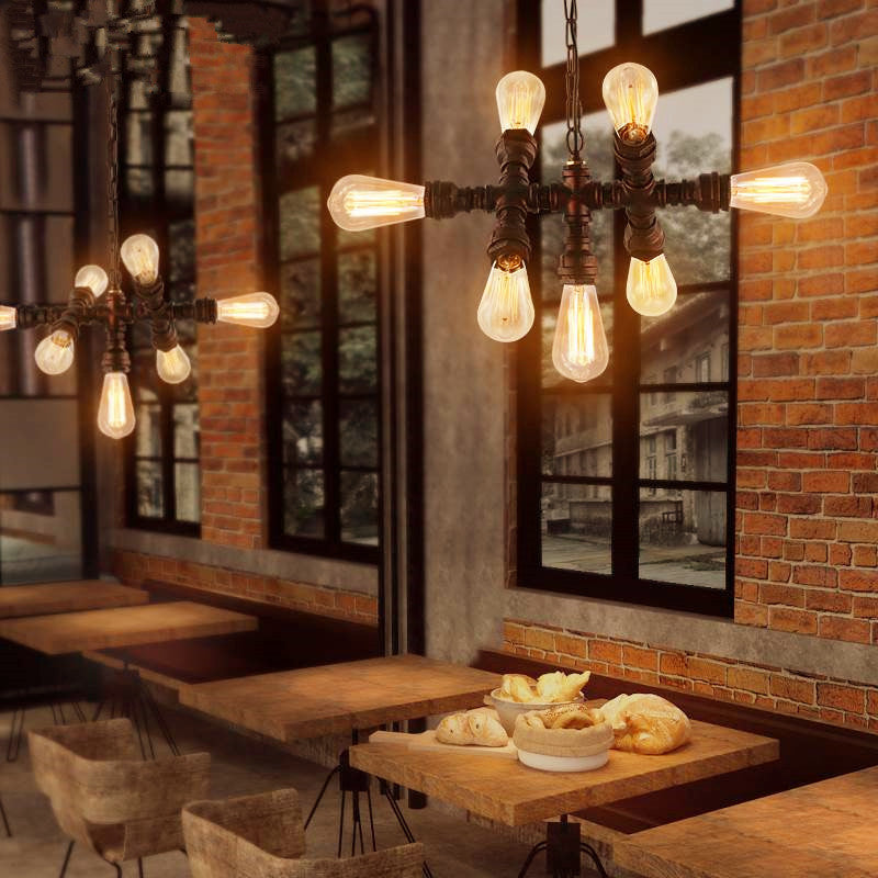 Rustic Industrial Black Iron 7-Light Water Pipe Chandelier for Loft Dining