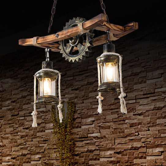 Rustic Industrial 2-Light Wooden and Metal Chandelier for Kitchen Island